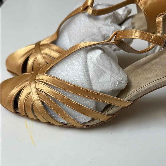 Gold Strappy Heels with T-Strap Design Ballroom/Dance Shoes Never Worn - Picture 3 of 8